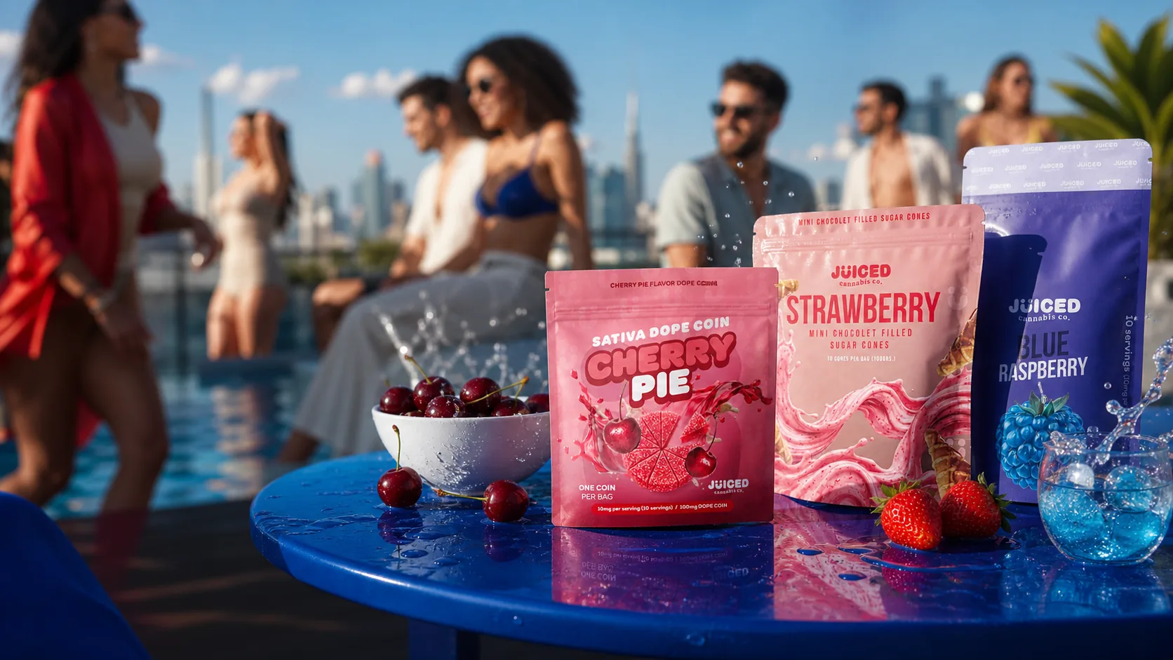 Juiced products at a bright New York rooftop gathering
