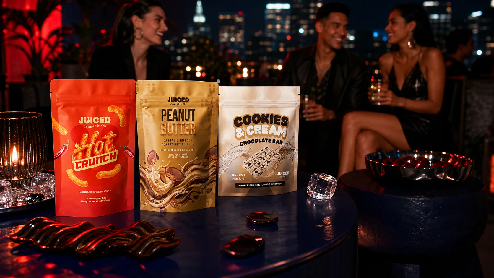 Juiced products at an evening rooftop gathering